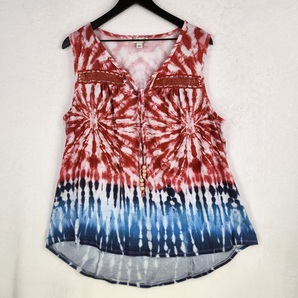 Women's Tie Dye Sleeveless Top Size XXL Crochet Patriotic Biker Cowgirl Beads